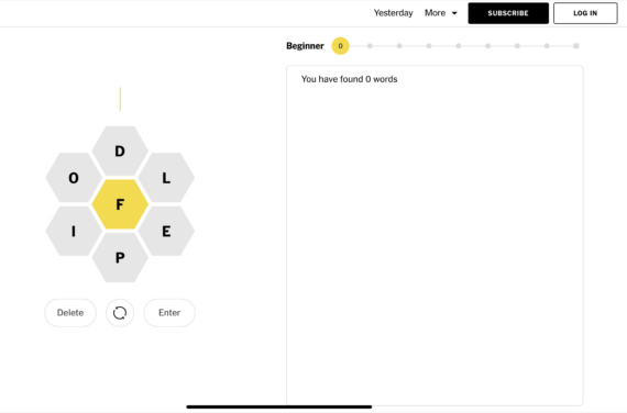 a graphic of the New York Times Spelling Bee word game. It shows a hexagon letter in yellow in the middle surrounded by six other letters in hexagons, like a honeycomb pattern.