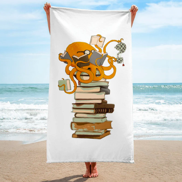Person on beach holding up white beach towel with image of an octopus atop a stack of books, using tentacles to hold multiple books and kettle of tea being poured into teacup