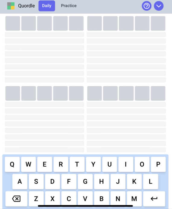 a graphic of a blank Quordle board, divided into 4 quadrants, each with a 5 letter word to guess