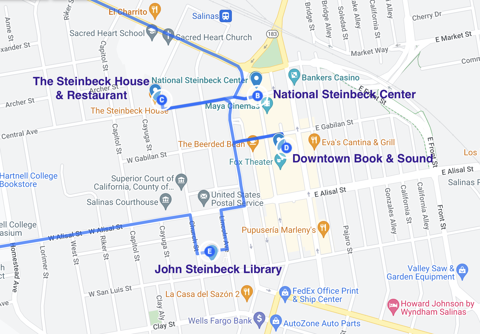 map of literary stops in salinas california