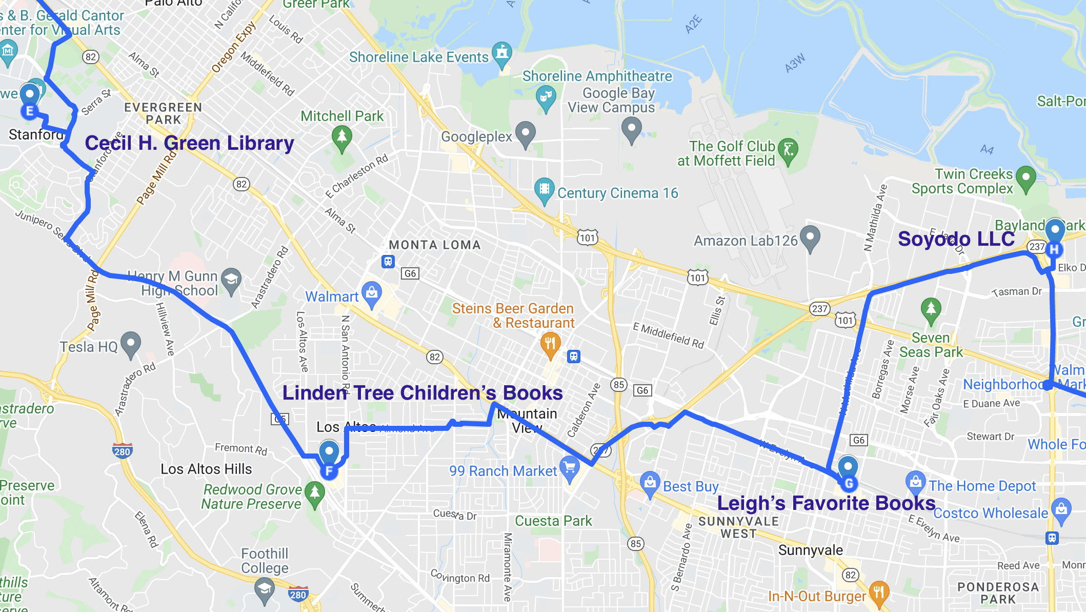 map of literary stops in stanford, los altos, and sunnyvale california