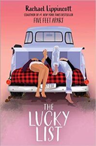 the paperback cover of The Lucky List, showing two teenage girls lying on a plaid blanket in the back of a van