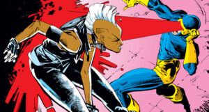 the cover of The Uncanny X-Men #201, showing Storm fighting Cyclops