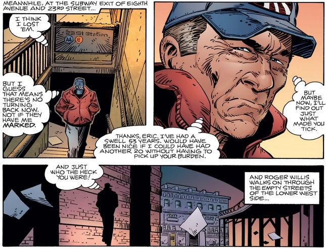 From Thor #346. Roger Willis emerges from a subway station and walks down the street, thinking about how he never really knew his father.