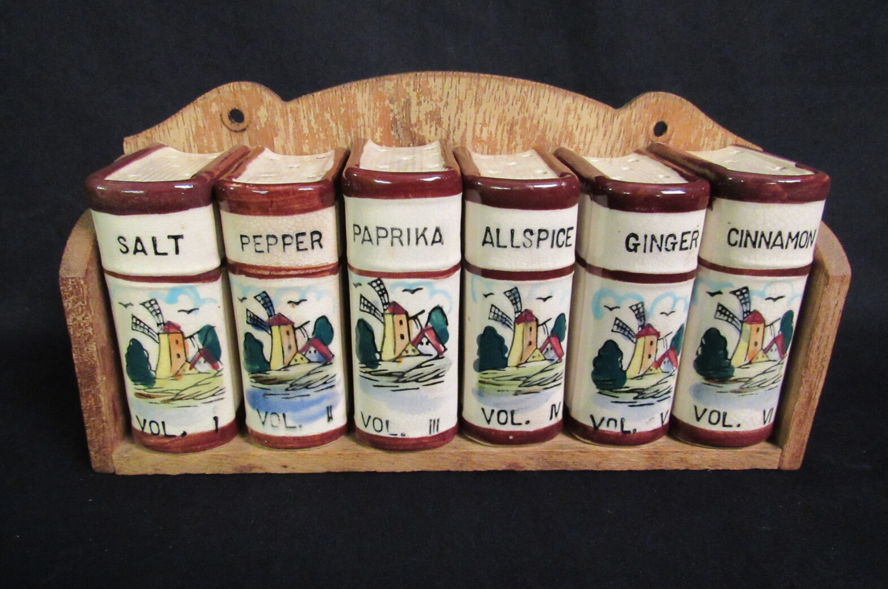 A vintage spice rack holding six ceramic spice jars shaped like books, labeled with the names of spices and 'Vol I, Vol II, Vol III' etc.