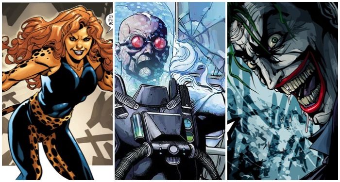 dc villains collage with Cheetah, Mr. Freeze, and Joker