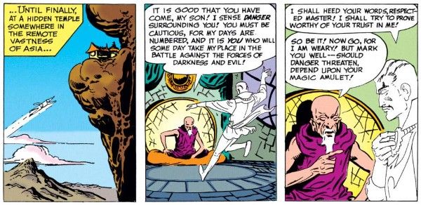 Three panels from Strange Tales #110.
Panel 1: The spirit of Strange flies to a temple on the side of a cliff.
Narration Box: ...Until finally at a hidden temple somewhere in the remote vastness of Asia...
Panel 2: The spirit lands in front of an elderly Asian man with a long white beard who is seated on a cushion.
Ancient One: It is good that you have come, my son! I sense danger surrounding you! You must be cautious, for my days are numbered, and it is you who will someday take my place in the battle against the forces of darkness and evil!
Panel 3: 
Strange: I shall heed your words, respected master! I shall try to prove worthy of your trust in me!
Ancient One: So be it! Now go, for I am weary! But mark you well - should danger threaten, depend upon your magic amulet!