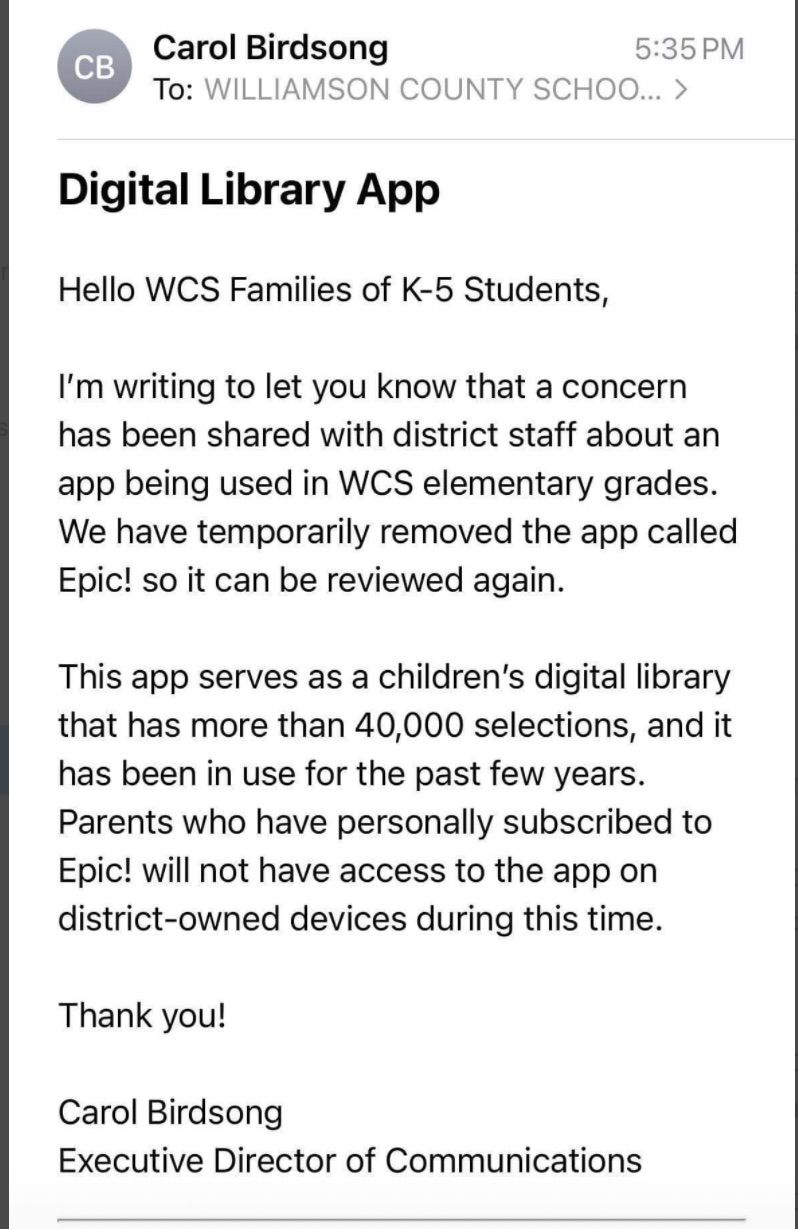 Image of email sent to Williamson County, Tennessee, parents.