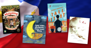a collage of filipino kids' book covers against a Filipino flag