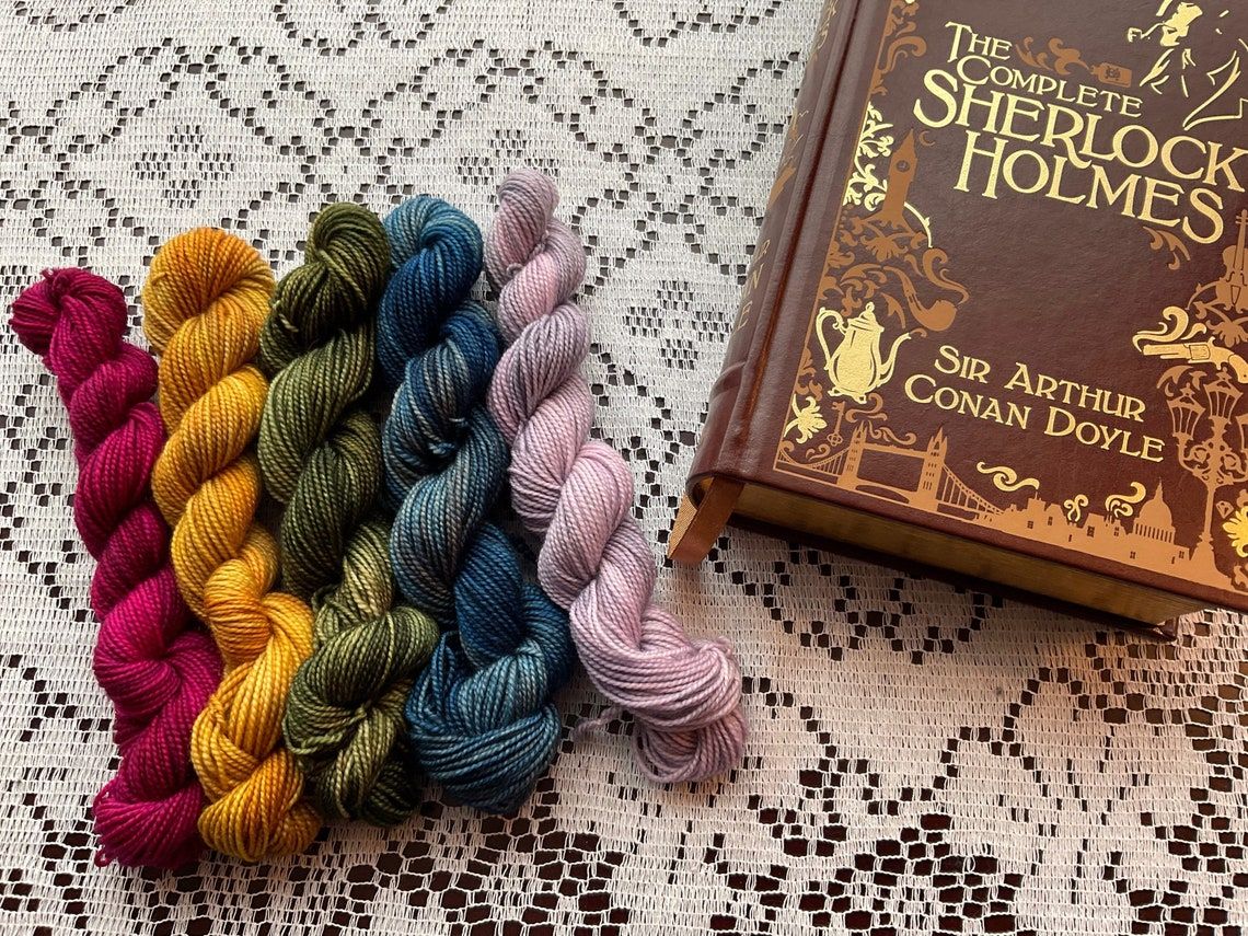 photo of a skein set of Sherlock Holmes themed yarn