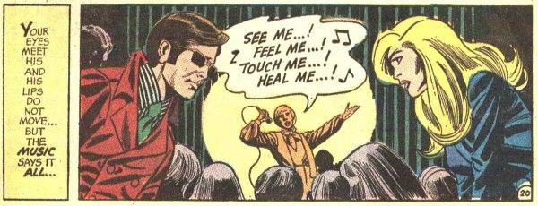 Two panels from JLA #89.
Panel 1: A narration box reading "Your eyes meet and his lips do not move...both the music says it all..."
Panel 2: Harlequin and Black Canary stare at each other. Behind them, an audience watches a singer perform.
Singer: "See me...! Feel me...! Touch me...! Heal me...!"