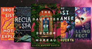 collage of five covers of science fiction and fantasy books by Latine authors