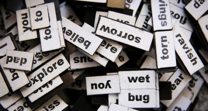 magnetic poetry pieces (words printed I black on white backgrounds on magnets)