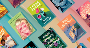 a collage of the covers listed against a rainbow background