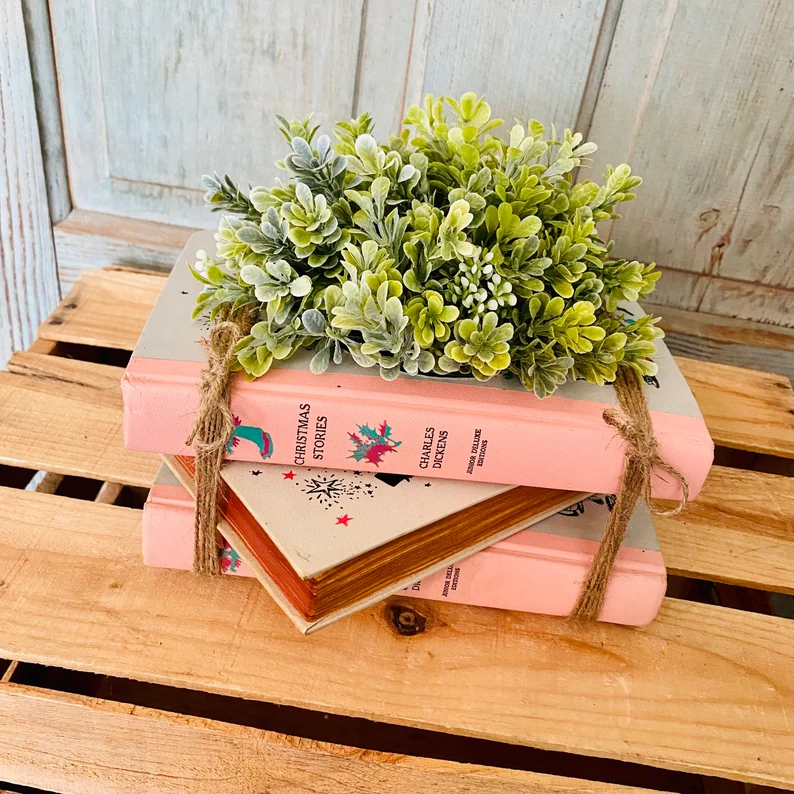 Image of 3 books with pink spine used as a planter. There is a plant inside the books and it is on a wooden table. 