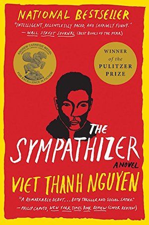 cover of The Sympathizer by Viet Thanh Nguyen; red with black ink illustration of a man's head