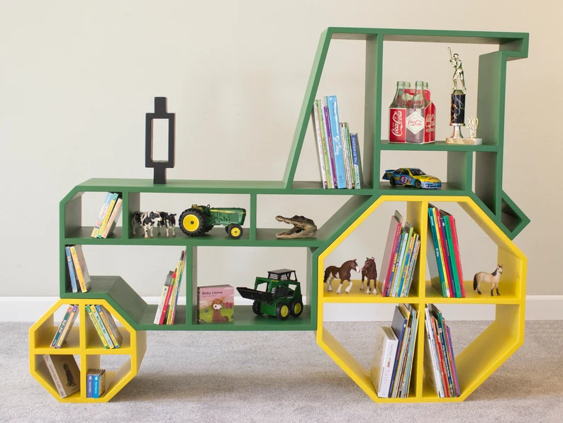 Image of a green and yellow tractor bookshelf.