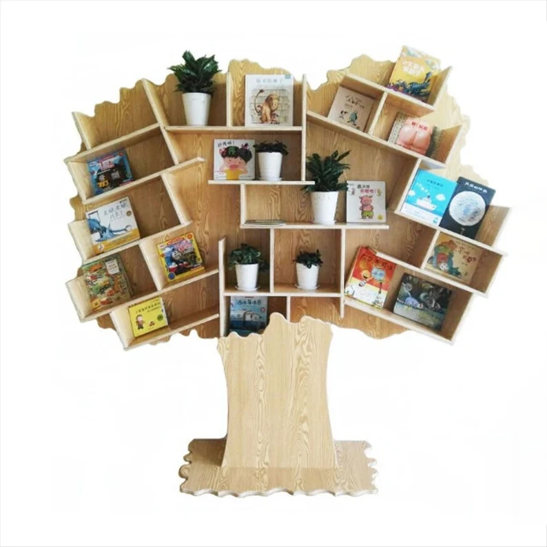 Image of a light wood bookcase in the shape of a tree. 