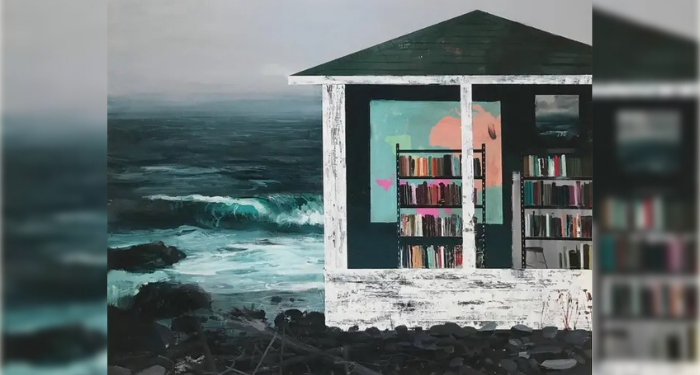 a painting of a waterfront library
