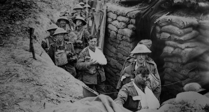 a photo of bandaged soldiers in World War 1 in trenches