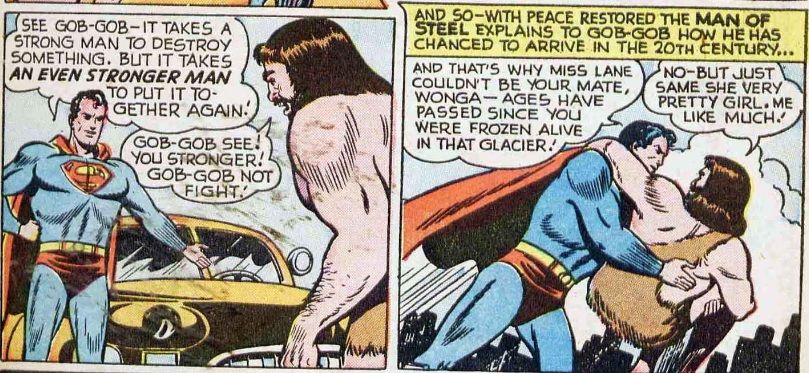 From Action Comics #129. Superman explains to a caveman the virtues of creating things and being nice to women.