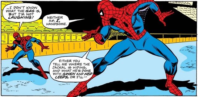 From Amazing Spider-Man #149. Two Spider-Men stare at each other from across an empty stadium. One demands to know where his missing friends are.