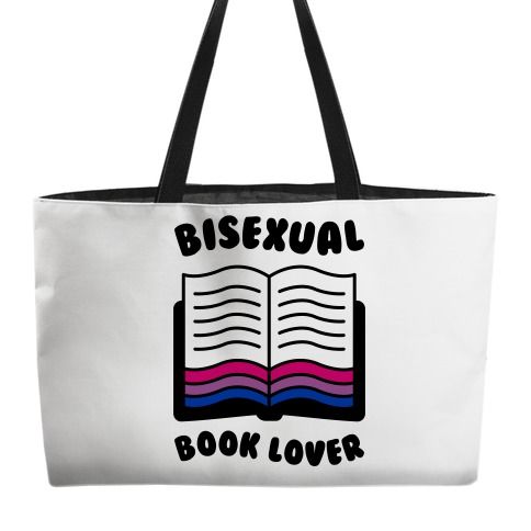 Wide tote bag with black handle and screenprinted illustration of a book with bisexual pride colors and the text "bisexual book lover"