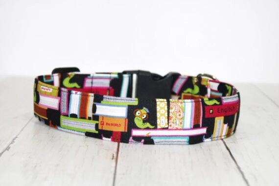 Dog collar with worms and books on black background