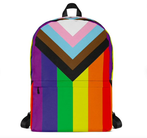 Medium sized backpack with the inclusive rainbow flag design (triangle of trans flag colors and brown and black pointing into ROYGBP rainbow)
