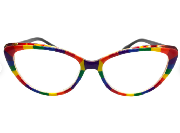 Cat eye reading glasses handpainted with rainbow stripes