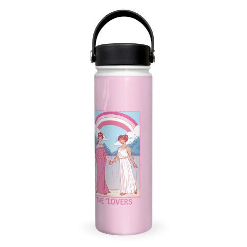 A pink water bottle with an image inspired by tarot 