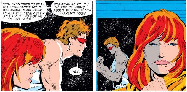 From X-Factor #1. Scott confesses to an unhappy Madelyne that he is thinking about his 