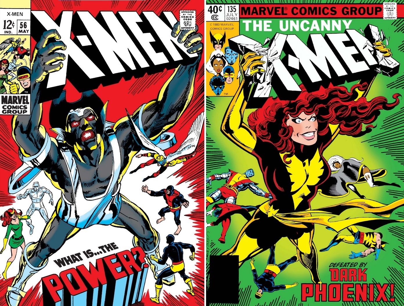 X-Men #56 ve #135 kapaklarının yan yana karşılaştırması.  Her ikisi de, X-Men ya bakarken ya da baygın yatarken, başlığı tutan dev boyutlu bir karaktere sahiptir.