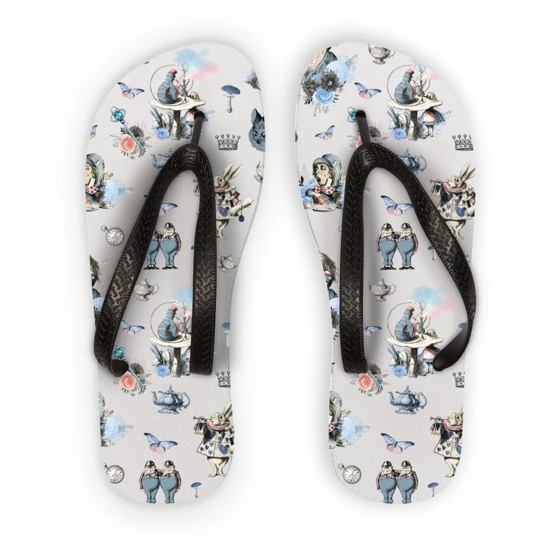 Image of pair of flip flops featuring images from Alice in Wonderland (the book). 