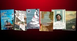 collage of five covers of historical fiction books about Asia in WWII