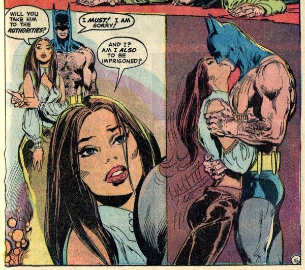 Two panels from Batman #244. Panel 1: Batman, in cowl but no shirt, stands behind Talia. In the foreground is a closeup of Talia. Background Talia: 