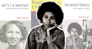 a photo of a young bell hooks with her book covers in the background
