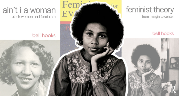 a photo of a young bell hooks with her book covers in the background