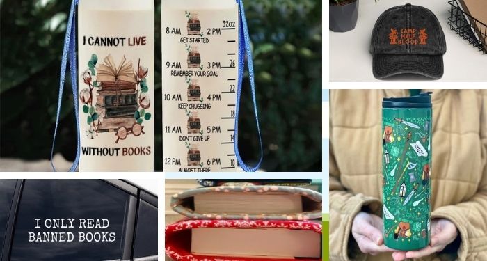 collage of five bookish road trip essentials, including a window decal, two water bottles, and a hat