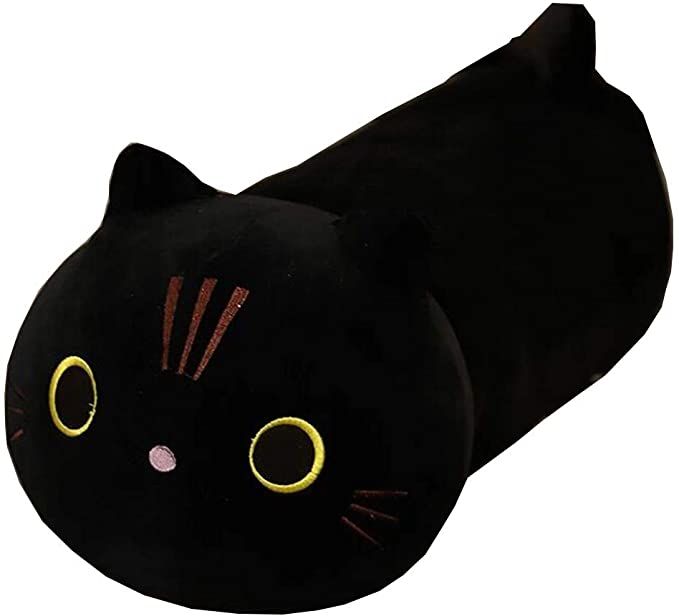 a photo of a tube-shaped black cat pillow