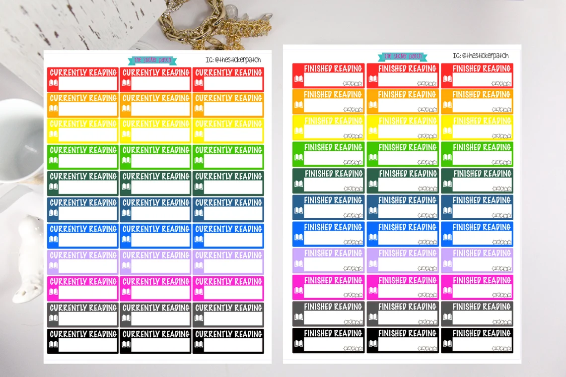 Image of two sticker sheets in bright multicolors. On the left, the stickers say Currently Reading with a space for a book title. On the right, the stickers say Finished Reading with a space for a date and five small stars.