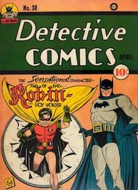 The cover of Detective Comics #38. Batman holds up a hoop that Robin is bursting through. The text above Robin reads 