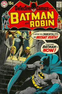 The cover of Detective Comics #395. All of Neal Adams's artwork featured in this article is realistic and dramatic, with deep, striking shadows. In this cover, Batman flees down the stairs into what appears to be a cellar, looking over his shoulder in fear at a beautiful, vampiric woman in a long, dramatic gown. She holds a torch in one hand and a large bird of prey perches on the other. There are large dogs or wolves on either side of her, and she is saying 