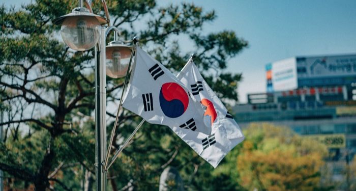 flag oSouth Korea waving with a tree in the background