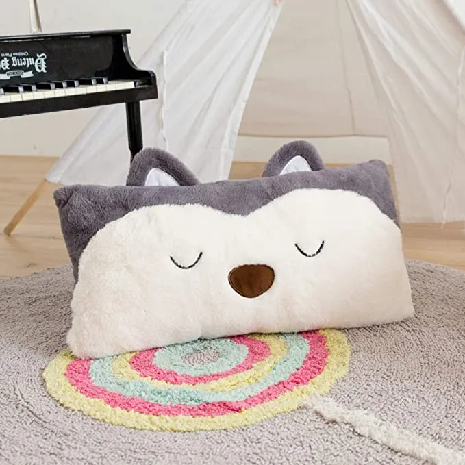 a photo of a long rectangle grey fox pillow