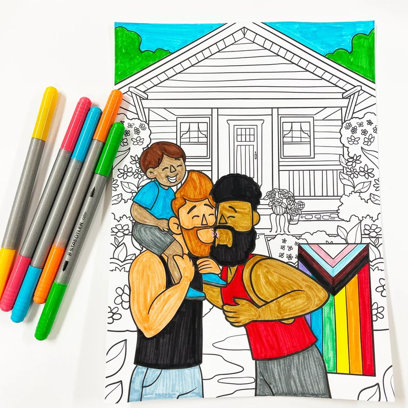 Image of a coloring page. It features two male-appearing people kissing with a child on the shoulders of one of them. 