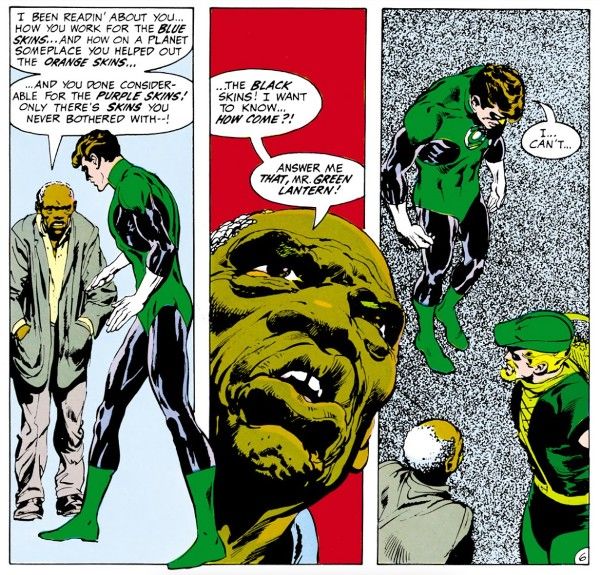 Three panels from Green Lantern #76. Panel 1: An old Black man approaches Green Lantern (Hal Jordan). Black Man: 