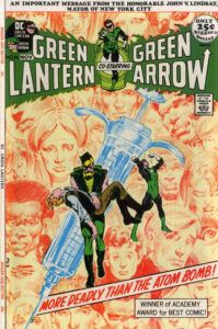The cover of Green Lantern #86. Green Arrow holds a limp Speedy (in civilian clothes) in his arms, while Green Lantern (Hal Jordan) shakes his fists at the sky. Begin them is a giant hypodermic needle, and behind that is a background of headshots of various young people, all of them looking sad. The caption reads 