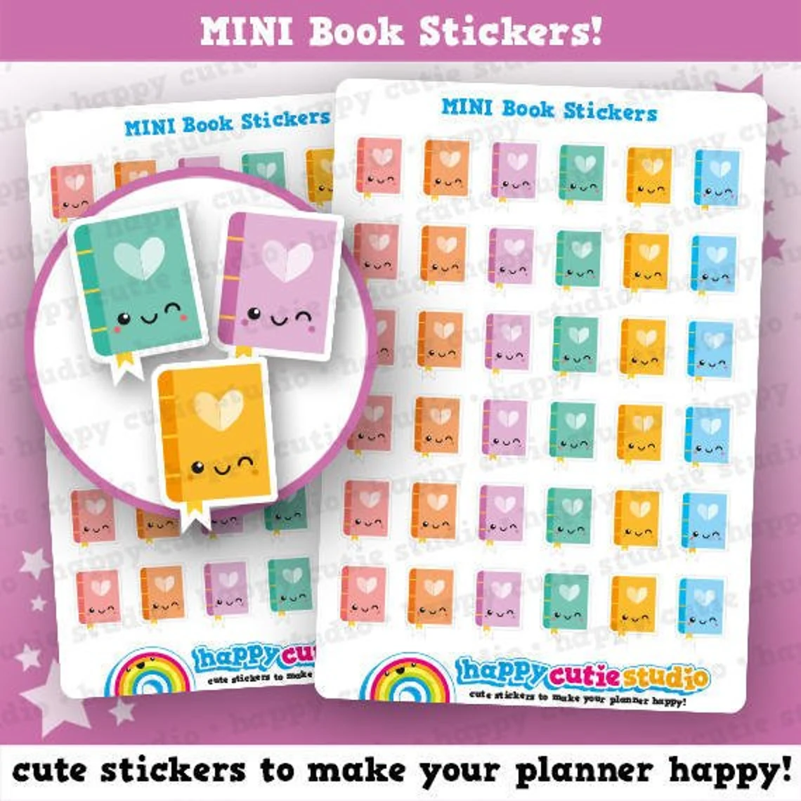 set of colorful mini cartoon book stickers with a winking smiley face 