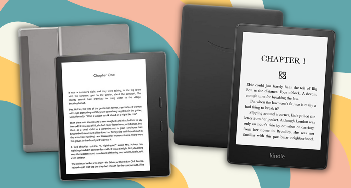 a photo of a kindle oasis vs paperwhite against a colorful striped background